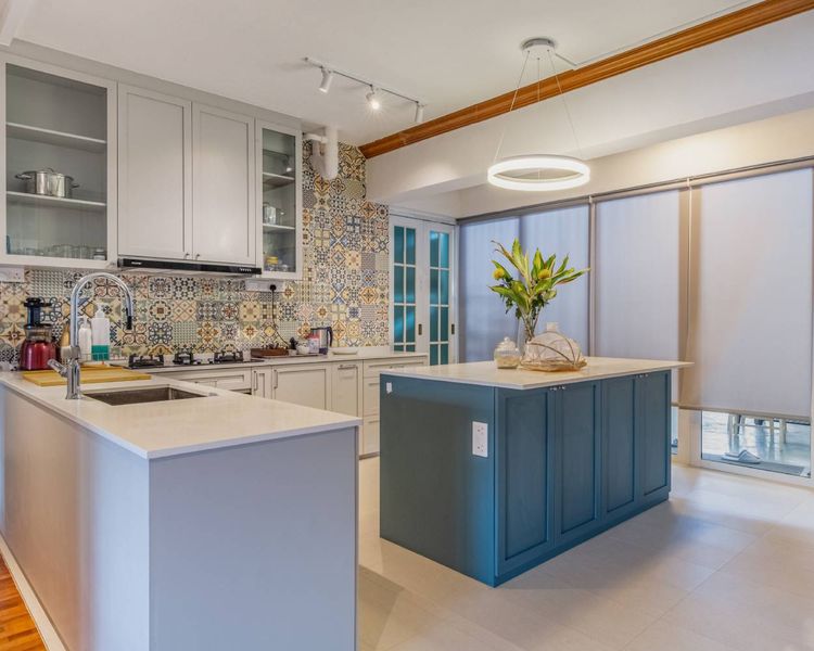 Light Grey And Blue Island Kitchen Design With Moroccan Kitchen Tiles ...