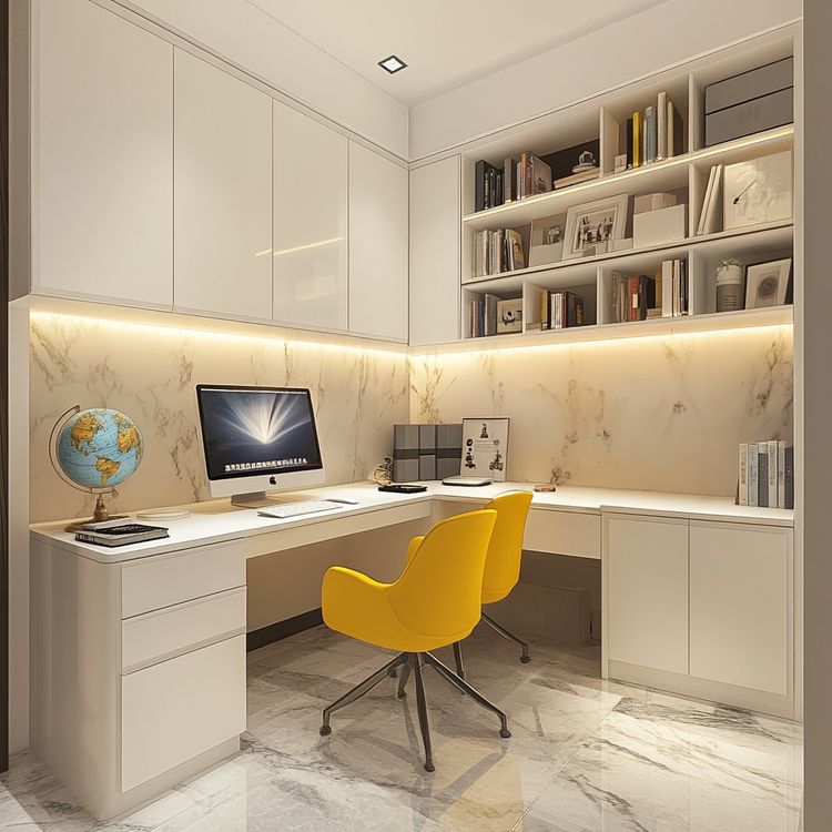 View of White Contemporary Home Office Design with Open Shelving, L-Shaped Desk ...