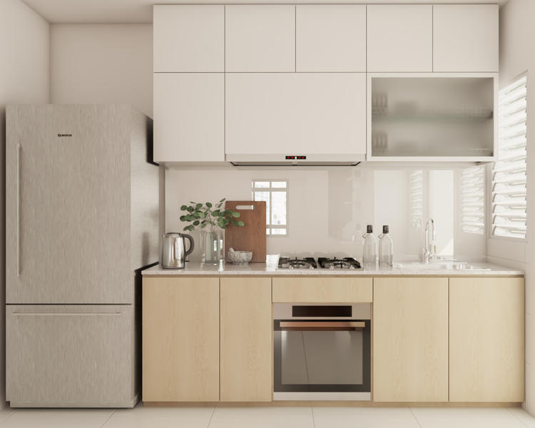 Compact Kitchen Design with Light Wooden Textured Cabinets | Livspace