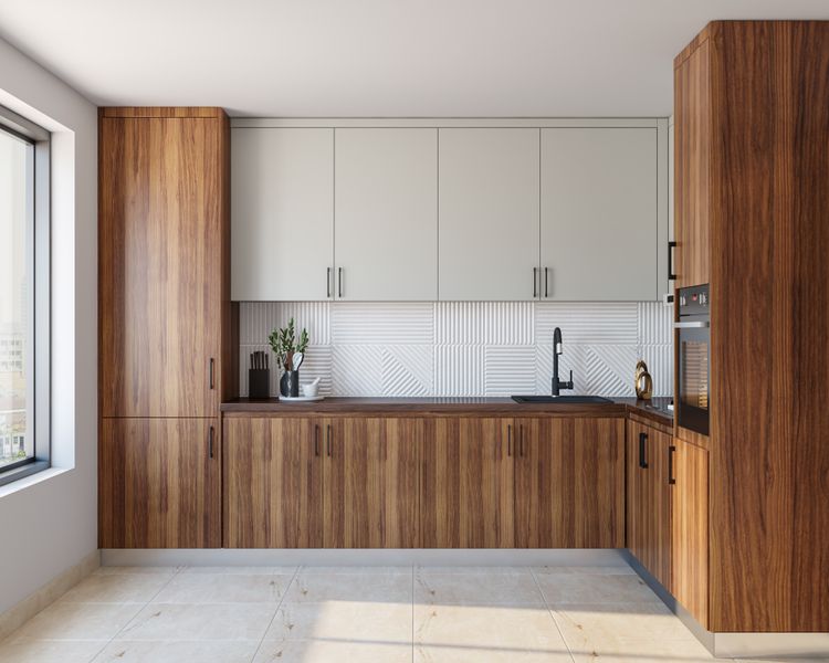 Modern Wood and White Kitchen Design with Large Size Cabinets | Livspace