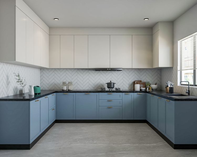 Spacious Family Friendly: Blue and White Modern U-Shaped Kitchen Design ...