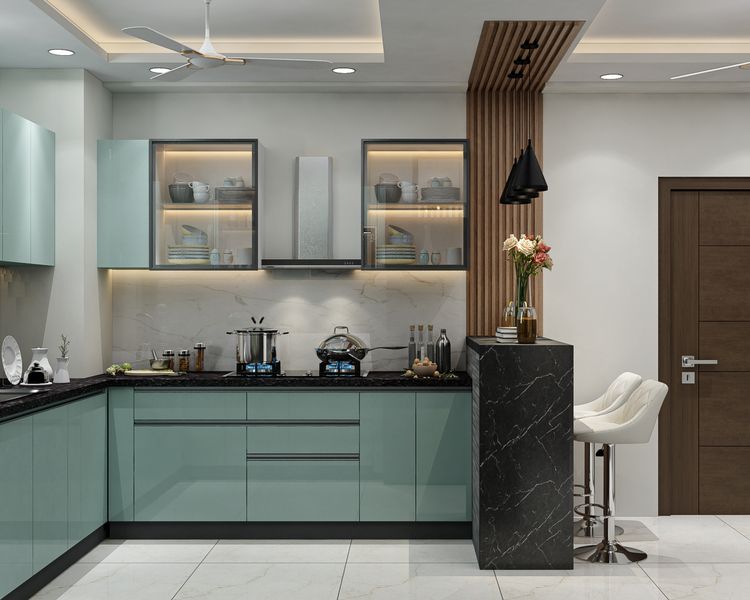 Modern U-Shaped Kitchen Design With Granite Counters, Black Countertop ...