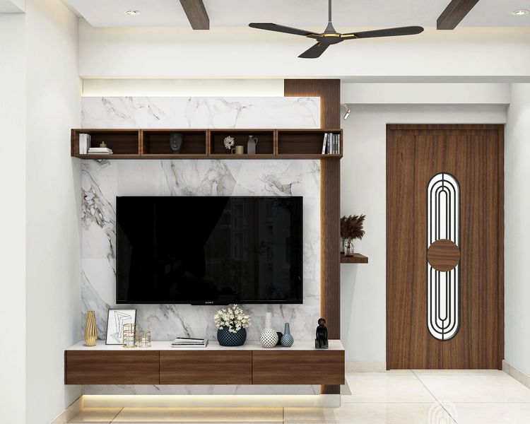 Modern TV Unit Design with Open and Closed Storage and Marble Panel ...