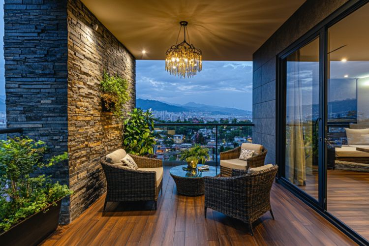 Rustic Balcony Design with Dark Stone Wall, Rattan Seating and ...