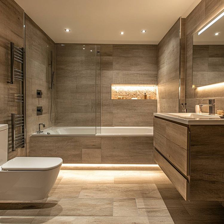 Bathroom Design Featuring Modern Brown Tiles and Drawer Unit Vanity | Livspace