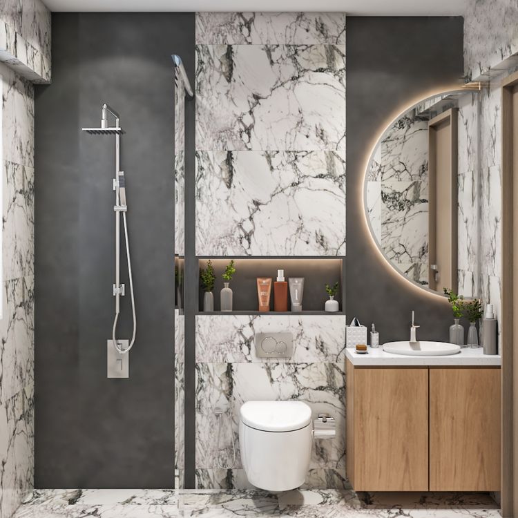 Bathroom Design with Contemporary Marble Wall and Floating Vanity Unit ...