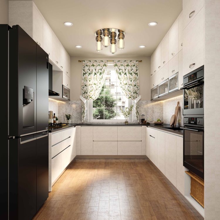 U-Shaped Modern Kitchen Design with White Finish and Granite Countertop ...