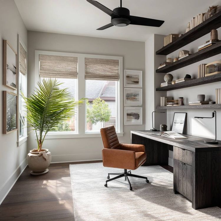 Modern Home Office Design with Dark Wood Desk and Leather Swivel Chair ...
