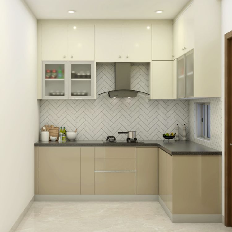 L-Shaped Contemporary Kitchen Design with Herringbone Backsplash | Livspace