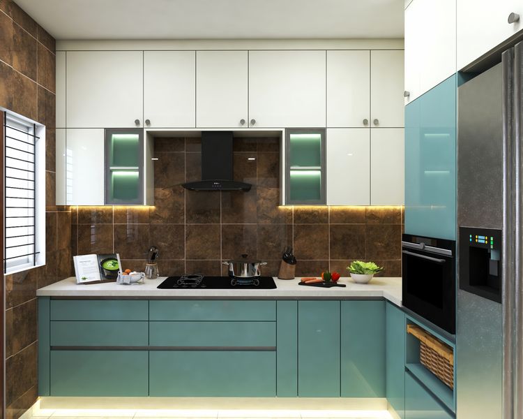 L-Shaped Contemporary Kitchen Design With Blue and White Cabinets ...