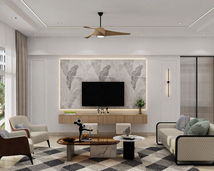 Contemporary TV Unit Design with Leaf Wallpaper Backdrop and Floating ...