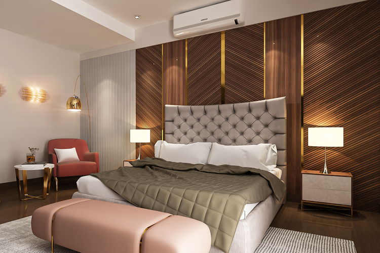 Spacious Classic Master Bedroom Design With Wooden Wall | Livspace