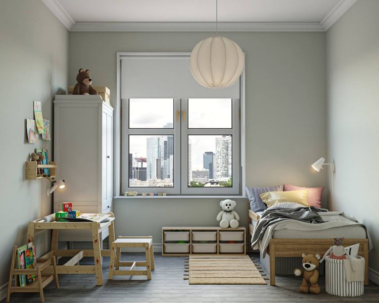 Compact Grey Kids Room Design With White 2Door Swing Wardrobe Design