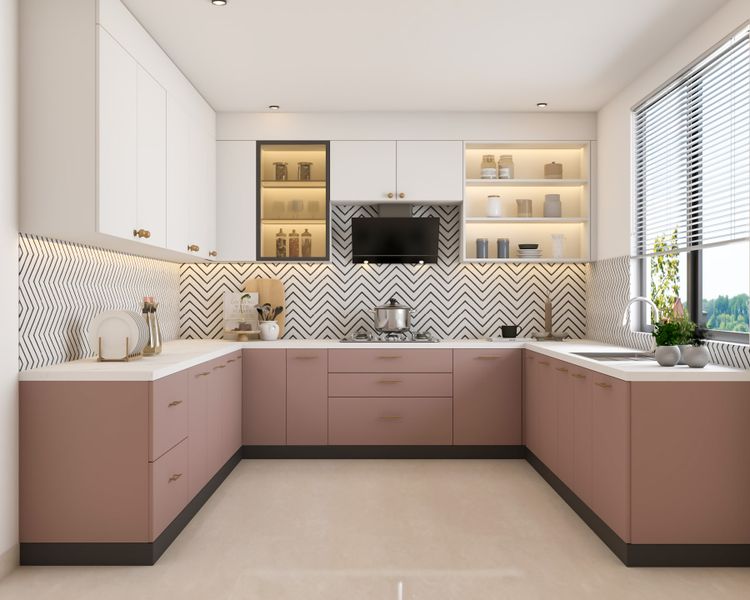 Pink And White Modular U-Shaped Kitchen Design With White-Black Dado ...