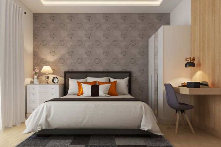 Spacious Guest Room Design With Floral Grey Wallpaper And Wooden Study ...