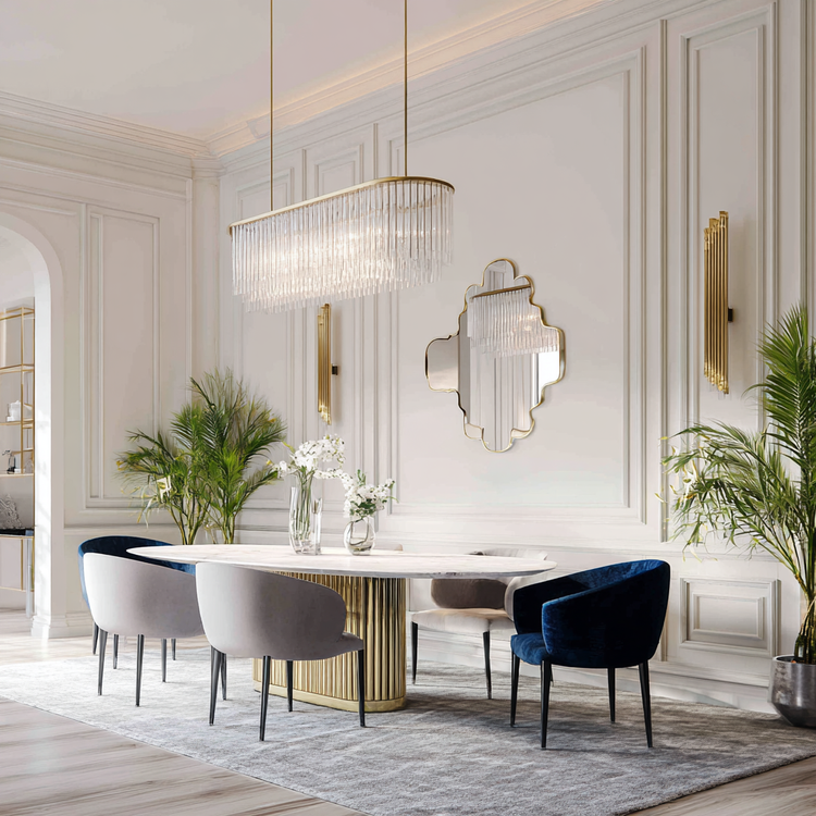 6-Seater Modern Dining Room Design with Marble Table and Velvet Seating ...