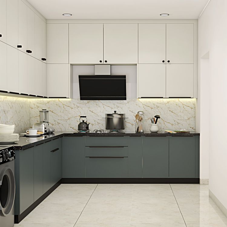 L-Shaped Modern Kitchen Design in Grey and White with Marble Backsplash ...