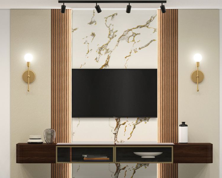 Contemporary TV Unit Design with Marble Panel and Gold Veined Backdrop ...