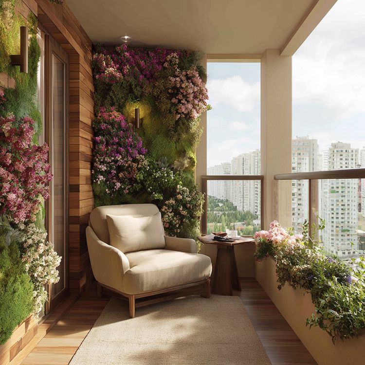 Modern Balcony Design with Full Height Lush Vertical Garden and Lounge ...
