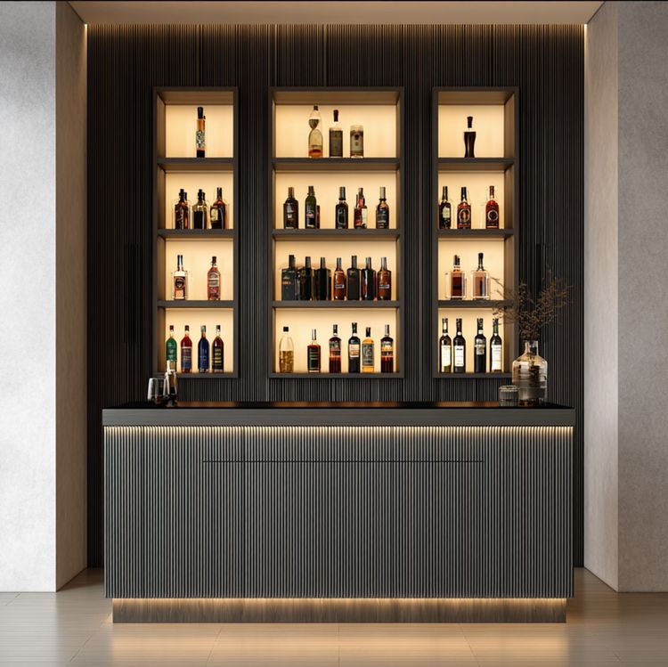 Wood Modern Home Bar Design with Backlit Display Shelving and Matte ...