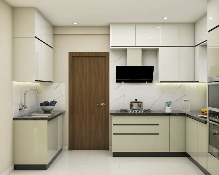 Modern White and Champagne L-Shaped Kitchen Design with High Gloss ...