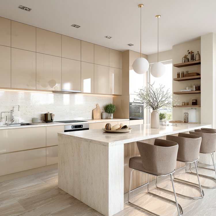 Scandinavian Island Kitchen Design with Cream Cabinets and Quartz Top ...