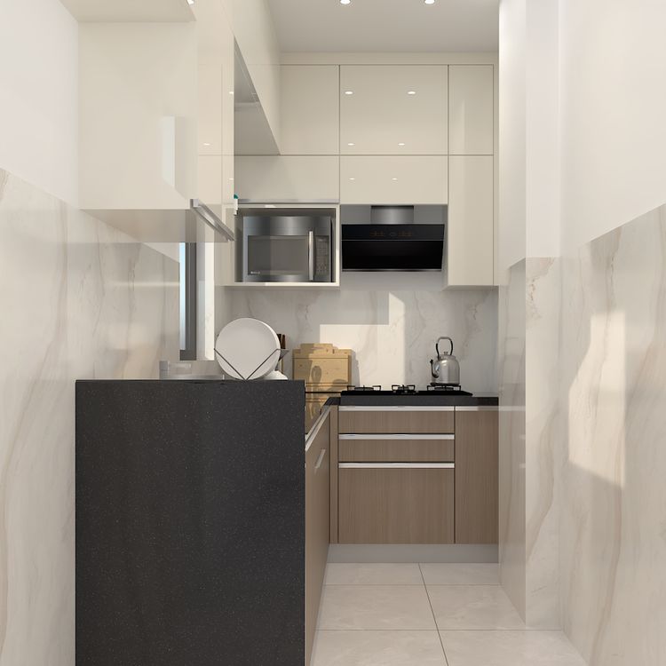 Modern Walnut and White L-Shaped Kitchen Design with Granite Countertop ...