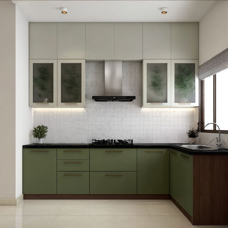 White and Grey Contemporary L-Shaped Kitchen Design with Glass Cabinets ...