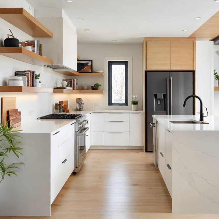 White and Walnut Modern Island Kitchen Design with Wooden Shelves and ...