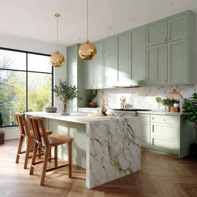 Sage Green Modern Island Kitchen Design with Marble Island and Quartz ...