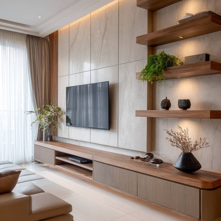 Contemporary Walnut TV Unit Design with Floating Shelves and Ribbed ...