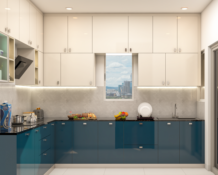 Modern Spacious Blue and White Kitchen Design | Livspace