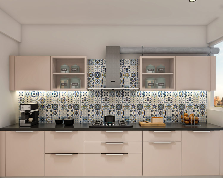 Moroccan Tiled Modern Kitchen Design With Pink Tone | Livspace