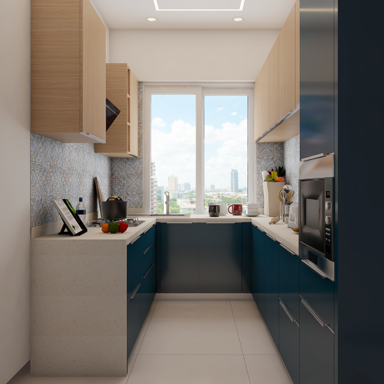 Dark Blue Modern Compact U-Shaped Kitchen Design Idea | Livspace