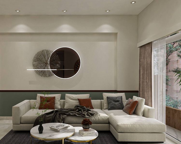 Spacious Living Room Design With Green Wainscoting And Yellow Accent ...