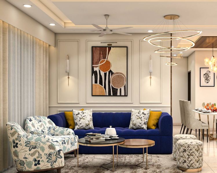 Contemporary Spacious Living Room Design With Chandelier | Livspace