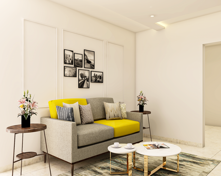 Compact Living Room Design With Sofa And Multicoloured Rug | Livspace