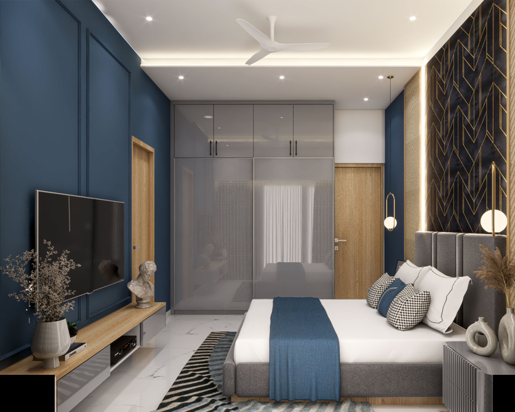 Master Bedroom Design With Dark Blue Walls And Grey Tufted Headboard ...