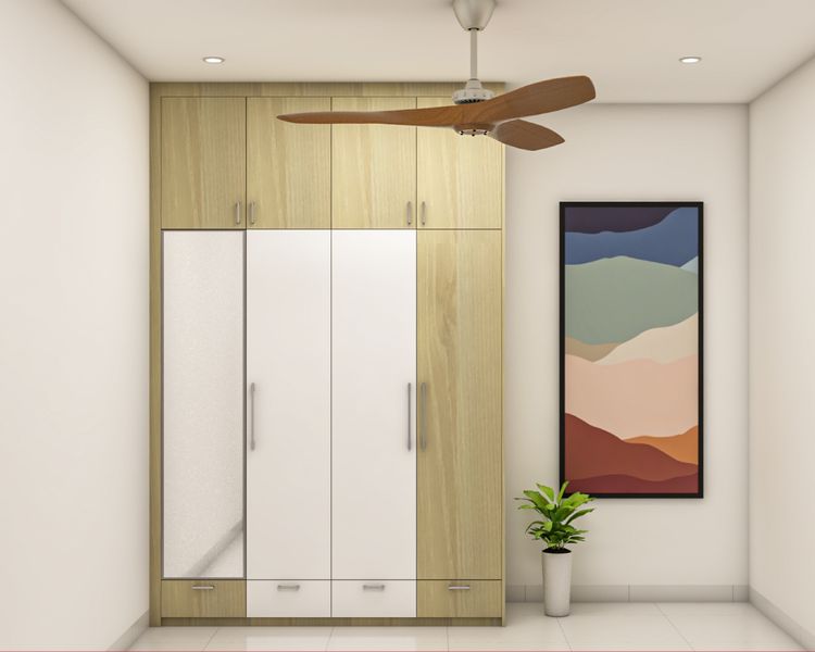 Modern Compact Wardrobe Design With White And Wooden Laminates | Livspace