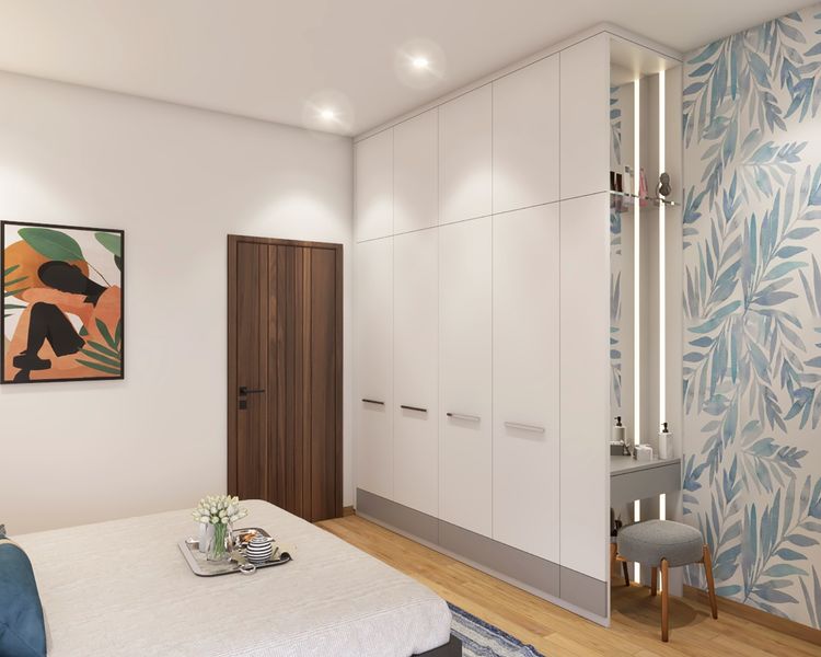 Modern Grey And Beige Guest Bedroom Design With Grid Wallpaper - 12x12 ...