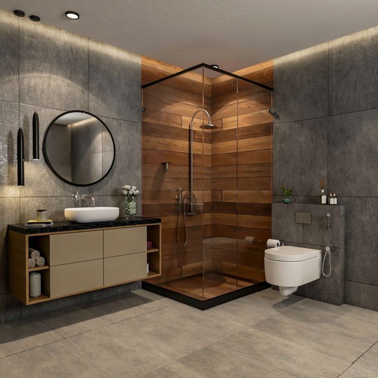 Grey And Wood Bathroom Design With Rustic Wooden Shower Area And Beige Vanity Unit | Livspace