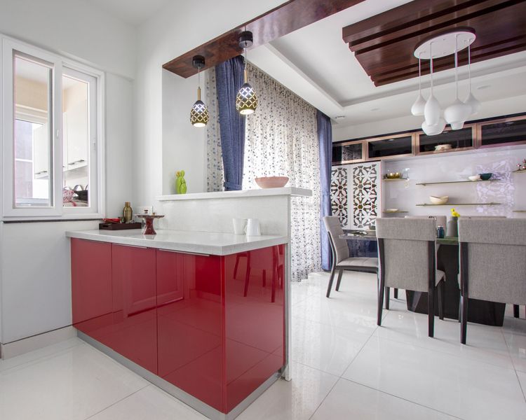 Modular Red And White L-Shaped Kitchen Design With White Corian ...