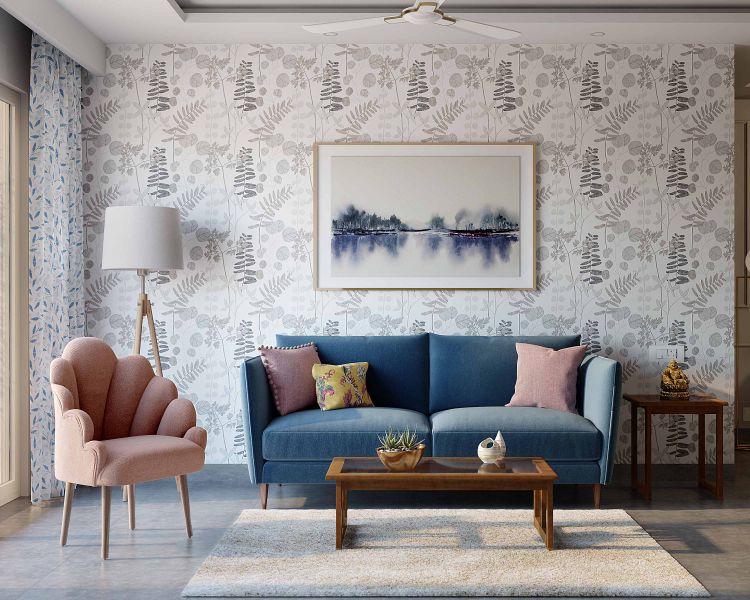 Leafy Living Room Wallpaper Design In White And Grey | Livspace