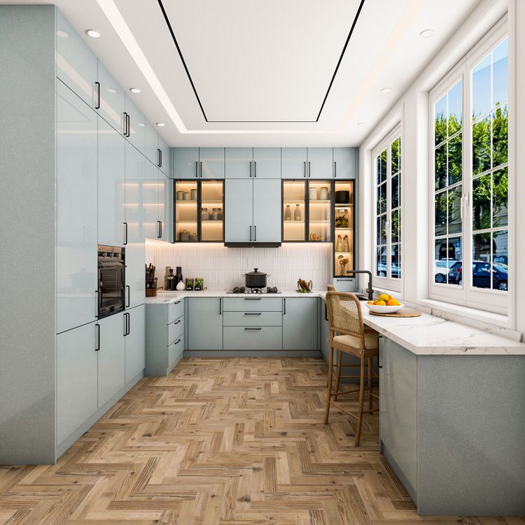 Light Wood Herringbone Kitchen Flooring Design | Livspace