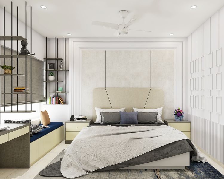 Beige Guest Room Design With Beige And Grey Study Table And Window ...