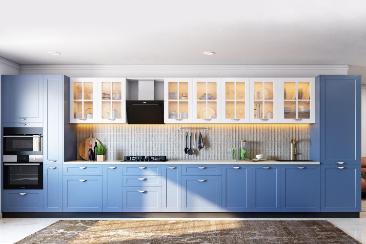 Blue And White Open Kitchen Design With Straight Layout | Livspace