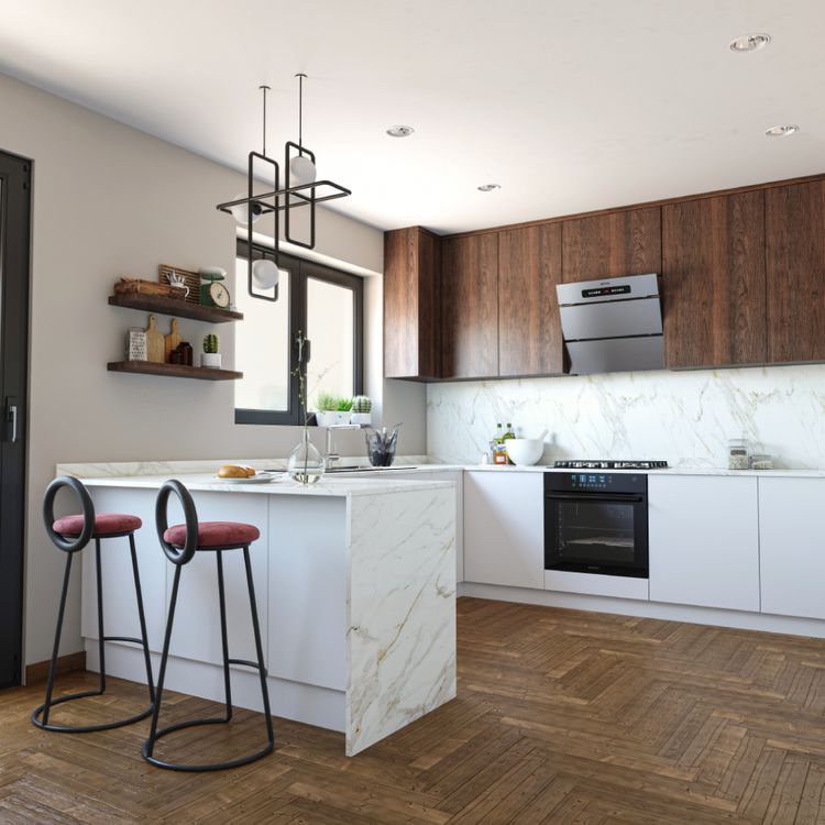 White And Dark Wood Open Kitchen Design With Herringbone Wooden ...