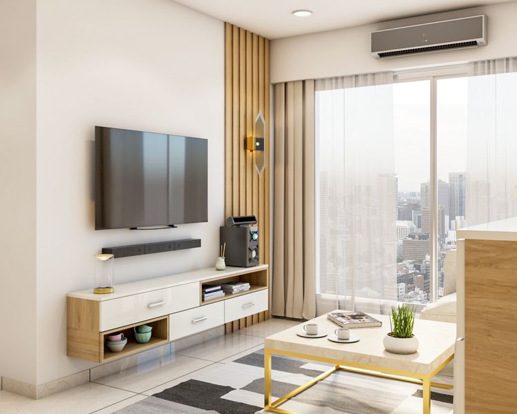 Compact White And Wood TV Unit With Open And Closed Drawer Storage ...