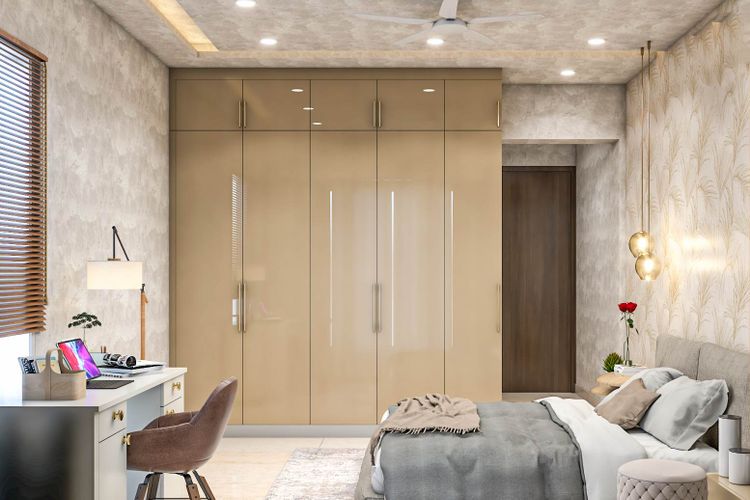 Spacious Bedroom Design With Beige Wallpaper And Hanging Lights | Livspace
