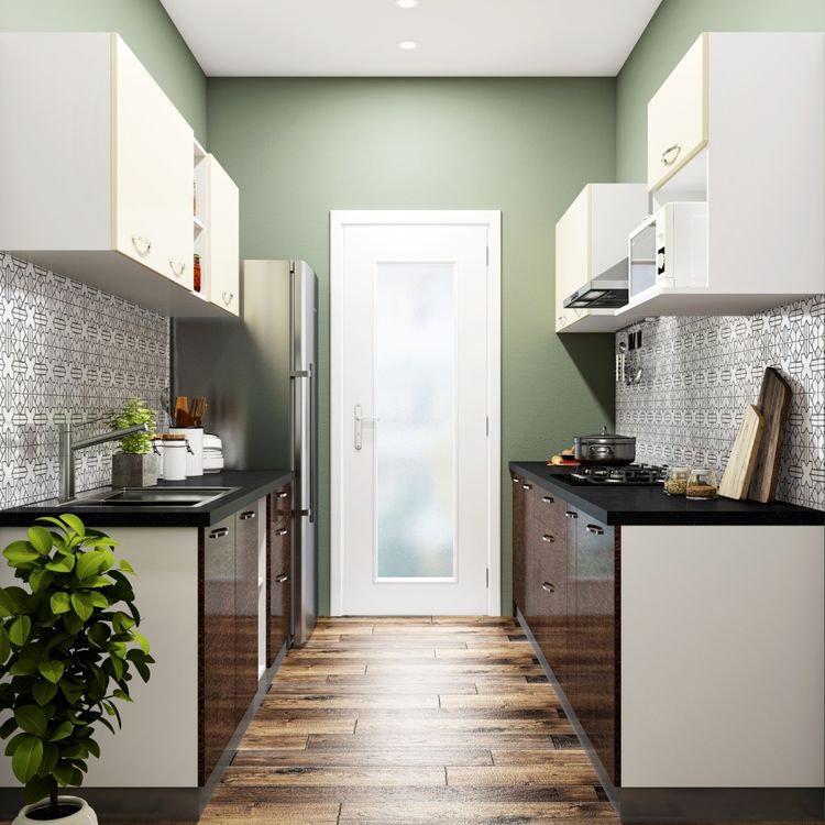 Modular Parallel Kitchen Design With Black And White Dado Tiles | Livspace